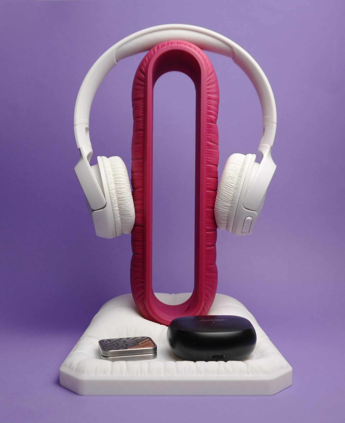 Pink Cushion Headphone Stand with Trinket Plate - Kawaii 3D Printed Gamer Desk Accessory
